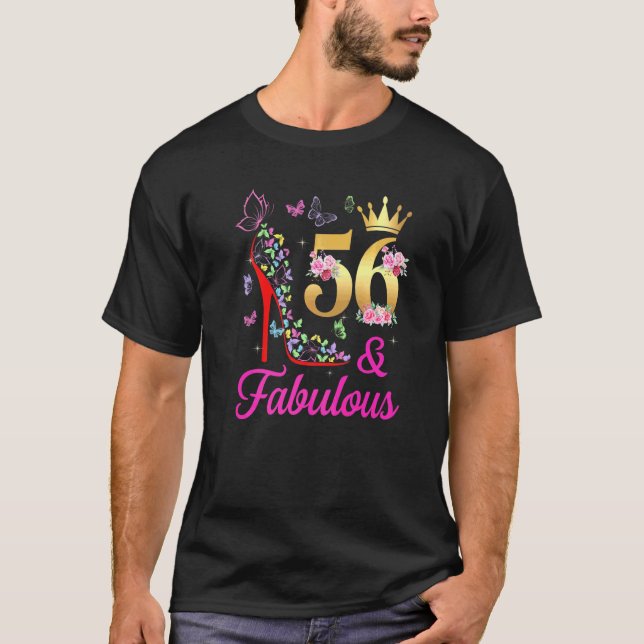 56 & Fabulous 56 Years Old 56th Bday Butterflies H T-Shirt (Front)