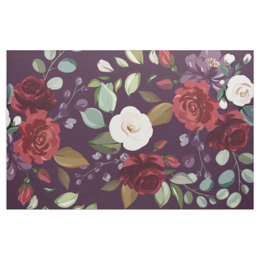 56" Inch Wide Cotton Fabric Plum Purple Roses Gold