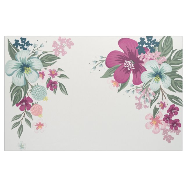 56" Inch Wide Cotton Fabric Tropical Flowers on Wh (Yard)