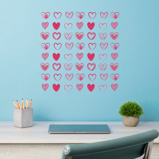 56 Pink Hand Drawn Hearts (6 Designs) on 18" Wall Decal (Home Office 2)