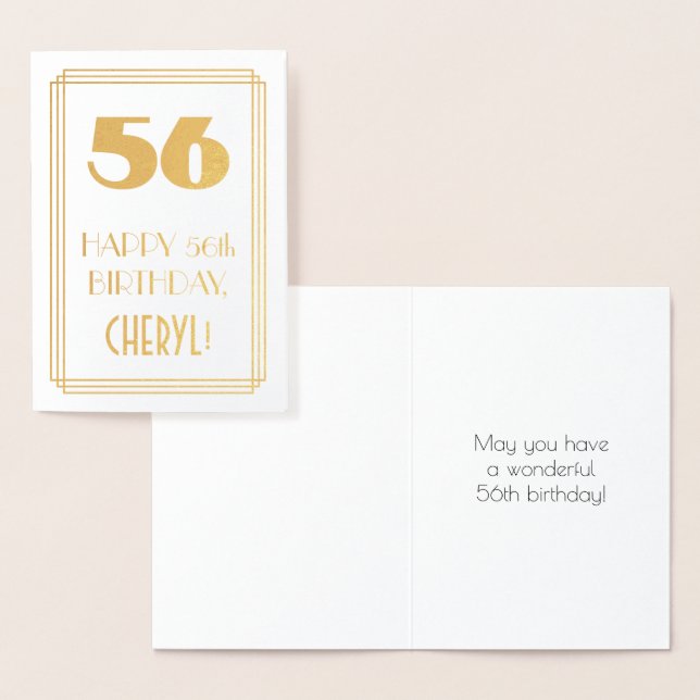 56th Birthday: Art Deco Inspired Look "56" & Name Foil Card (Display)