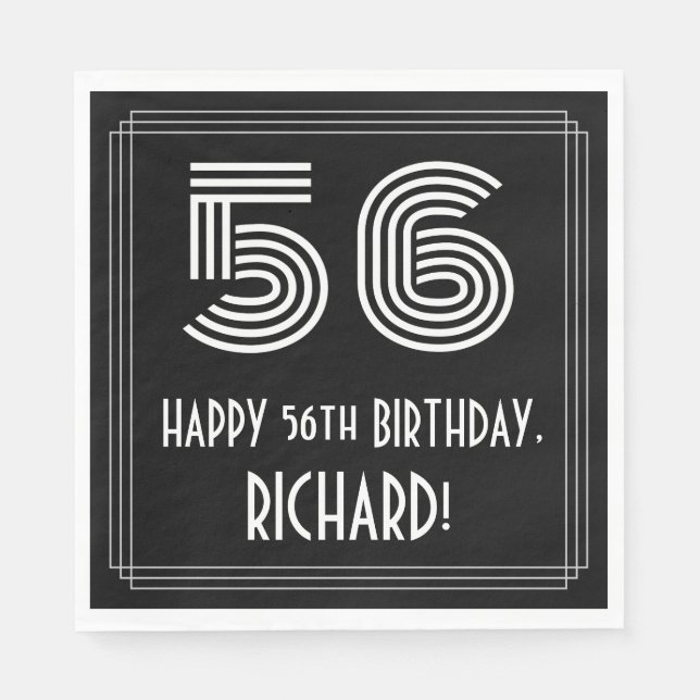 56th Birthday: Art Deco Inspired Look "56" + Name Napkins (Front)