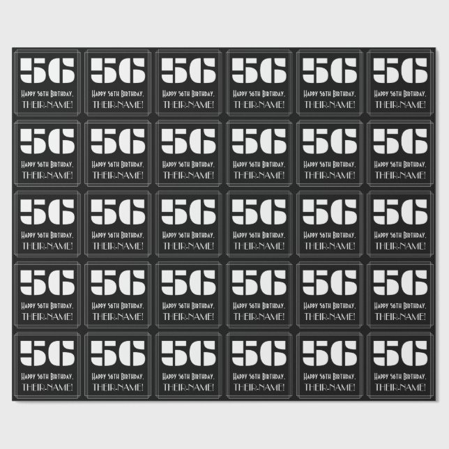 56th Birthday: Art Deco Inspired Look "56" & Name Wrapping Paper (Flat)