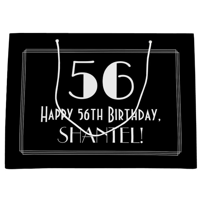 56th Birthday: Art Deco Inspired Style "56", Name Large Gift Bag (Front)