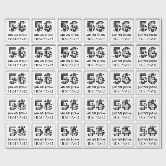 56th Birthday: Art Deco Inspired Style "56" + Name Wrapping Paper (Flat)