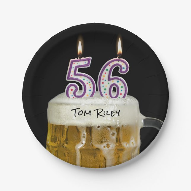 56th birthday beer with candle paper plates (Front)