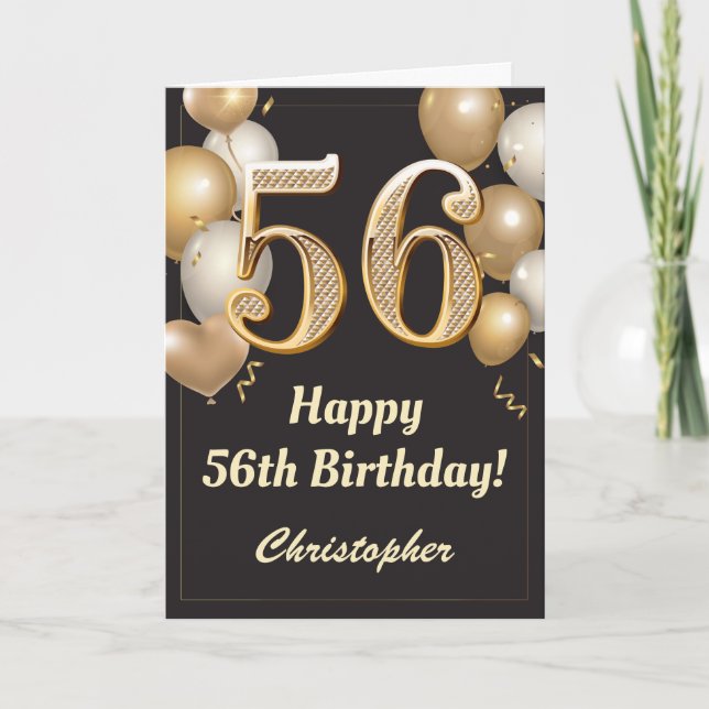 56th Birthday Black and Gold Balloons Confetti Card (Front)