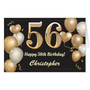 56th Birthday Black and Gold Balloons Extra Large Card