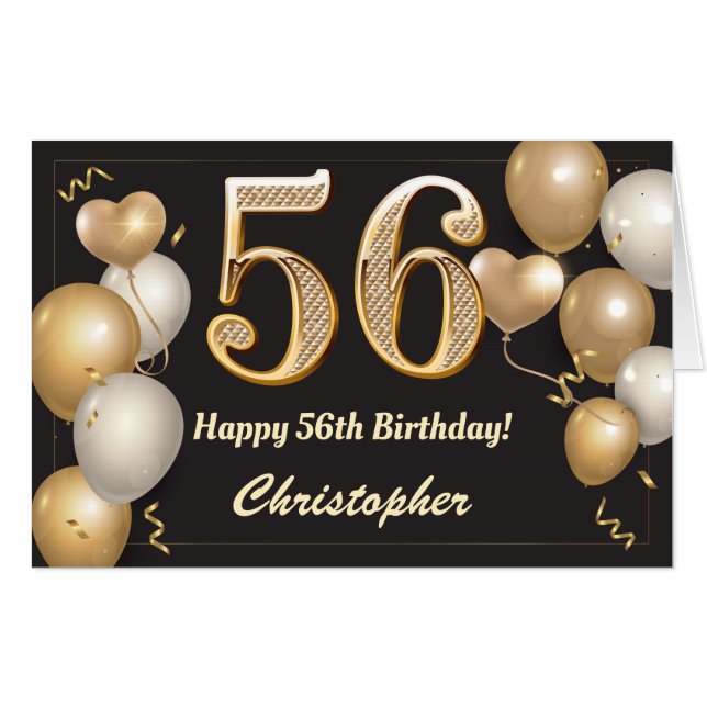56th Birthday Black and Gold Balloons Extra Large Card (Front Horizontal)