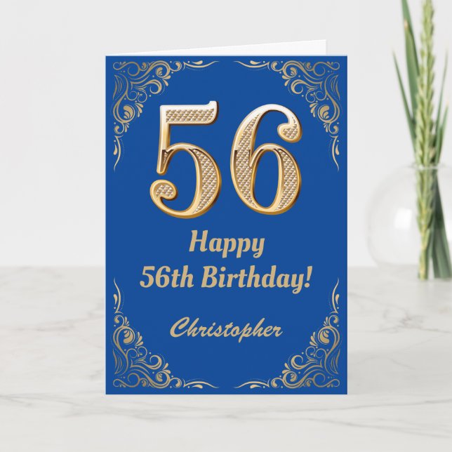 56th Birthday Blue and Gold Glitter Frame Card (Front)