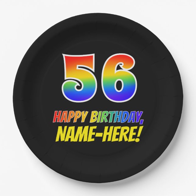 56th Birthday: Bold, Fun, Simple, Rainbow 56 Paper Plates (Front)