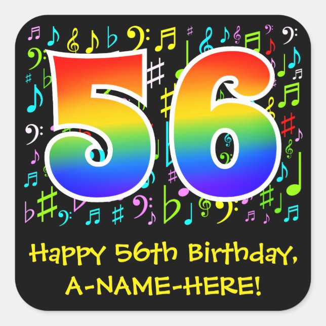 56th Birthday: Colorful Music Symbols, Rainbow 56 Square Sticker (Front)