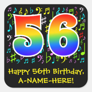 56th Birthday: Colorful Music Symbols, Rainbow 56 Square Sticker