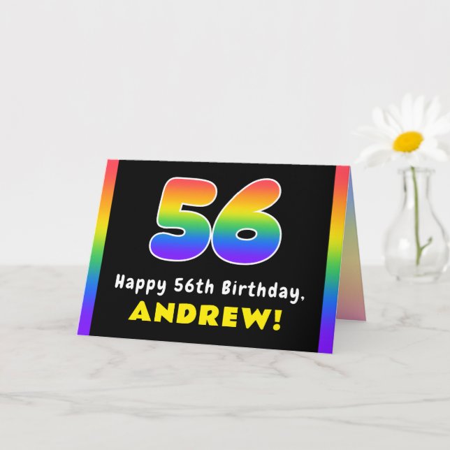 56th Birthday: Colorful Rainbow # 56, Custom Name Card (Small Plant)