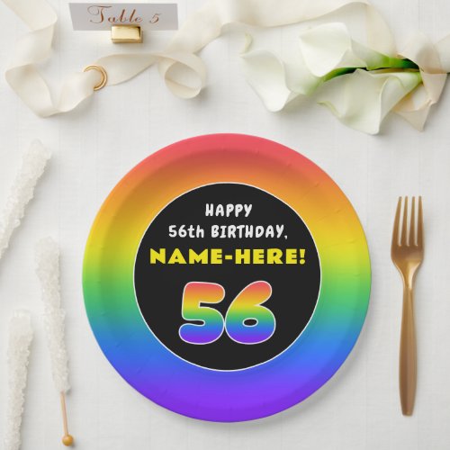 56th Birthday Colorful Rainbow  56 Custom Name Paper Plates