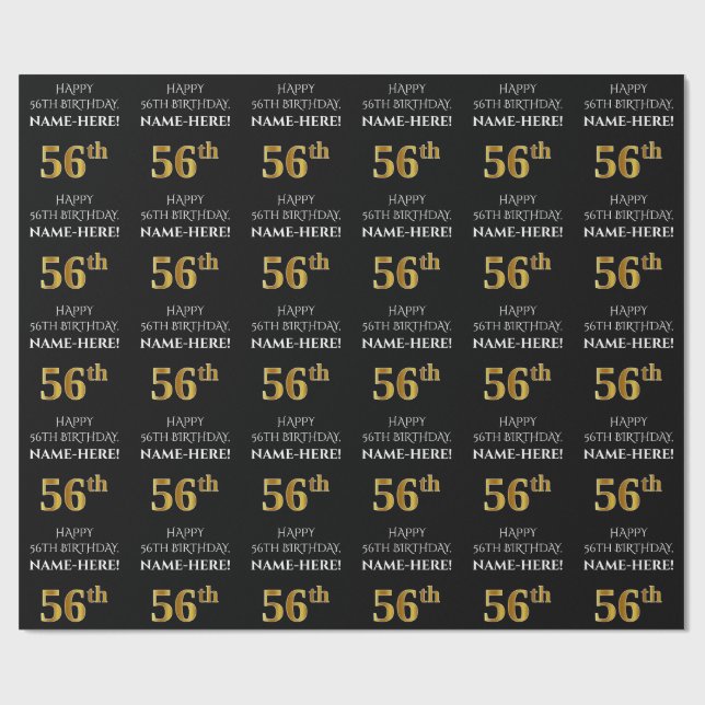 56th Birthday: Elegant, Black, Faux Gold Look Wrapping Paper (Flat)
