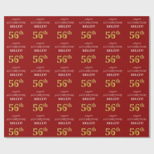 56th Birthday: Elegant, Red, Faux Gold Look Wrapping Paper