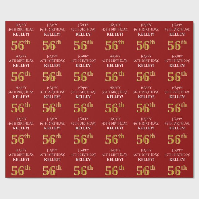 56th Birthday: Elegant, Red, Faux Gold Look Wrapping Paper (Flat)