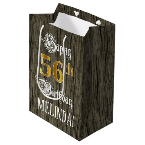56th Birthday Faux Gold Look  Faux Wood Pattern Medium Gift Bag