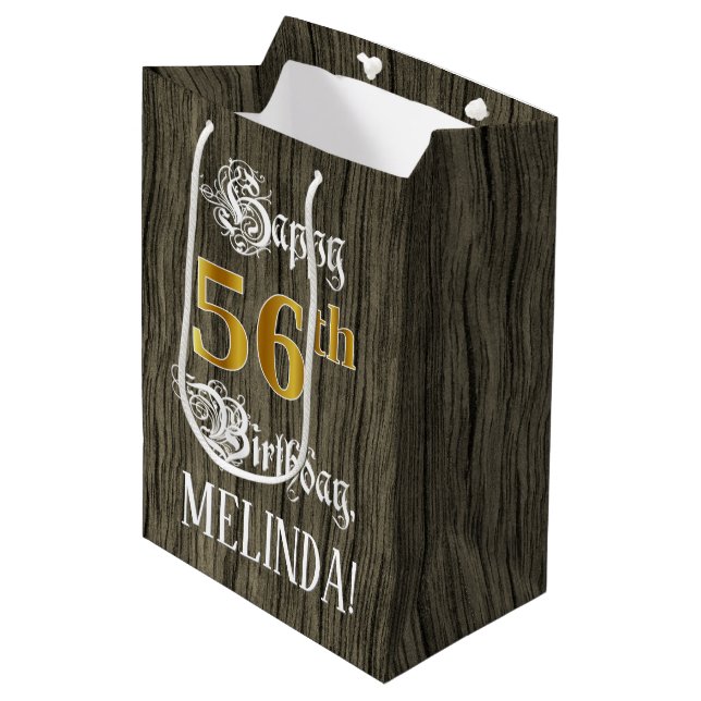 56th Birthday: Faux Gold Look & Faux Wood Pattern Medium Gift Bag (Front Angled)