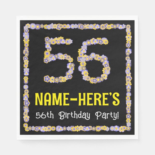 56th Birthday: Floral Flowers Number, Custom Name Napkins (Front)