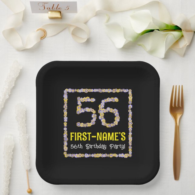 56th Birthday: Floral Flowers Number, Custom Name Paper Plates (Wedding)