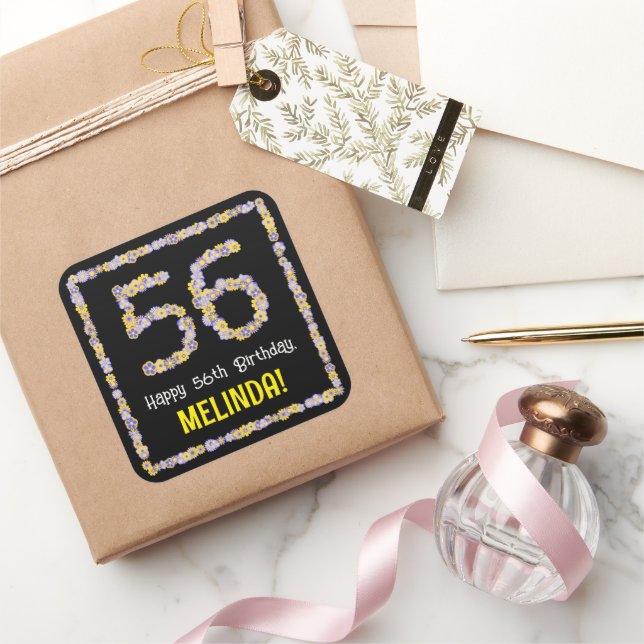 56th Birthday: Floral Flowers Number, Custom Name Square Sticker (Gifting)
