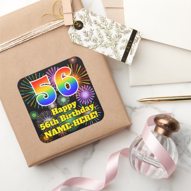 56th Birthday: Fun Fireworks Look, Rainbow # 56 Square Sticker (Gifting)