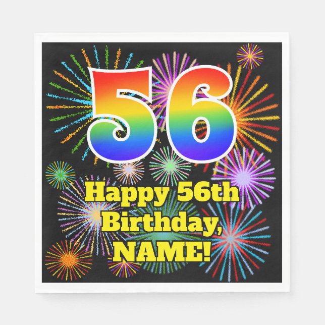 56th Birthday: Fun Fireworks Pattern + Rainbow 56 Napkins (Front)