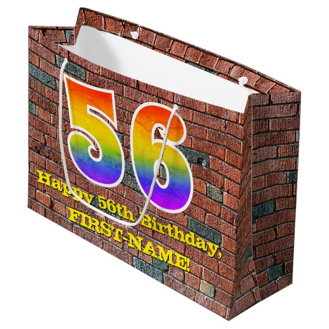 56th Birthday: Fun, Graffiti-Inspired Rainbow # 56 Large Gift Bag (Front Angled)
