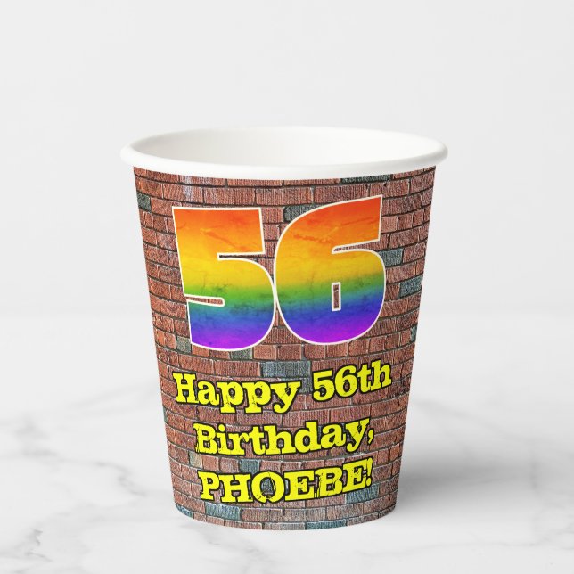 56th Birthday: Fun Graffiti-Inspired Rainbow 56 Paper Cups (Front)