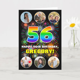 56th Birthday: Fun Rainbow #, Custom Name & Photos Card