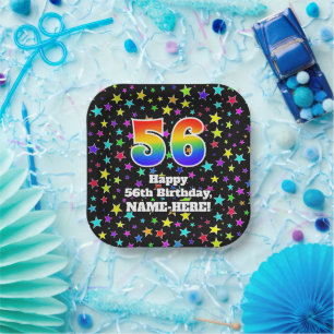56th Birthday: Fun Stars Pattern and Rainbow “56” Paper Plates