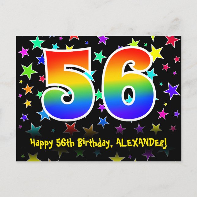 56th Birthday: Fun Stars Pattern, Rainbow 56, Name Postcard (Front)
