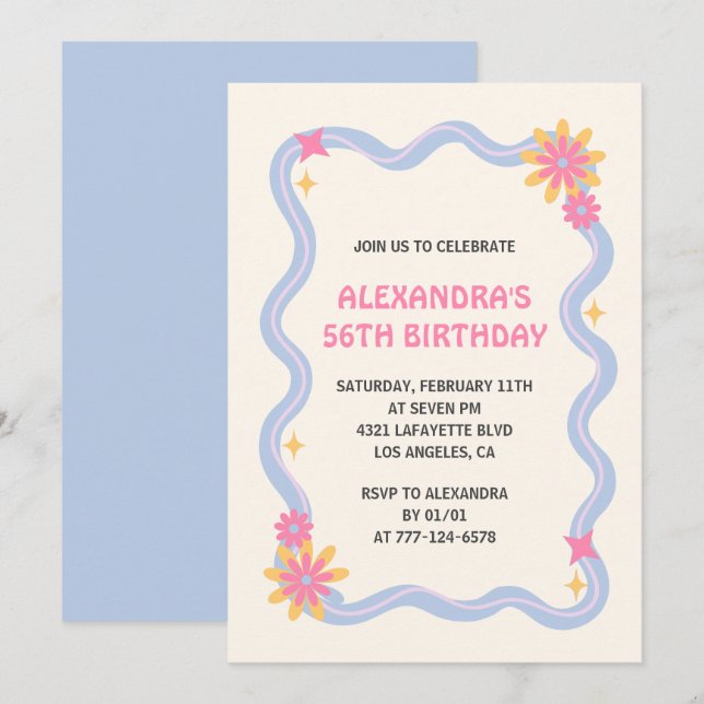 56th birthday invitation Retro Groovy Blue Flowers (Front/Back)