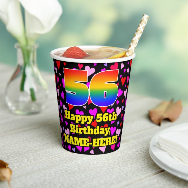 56th Birthday: Loving Hearts Pattern, Rainbow 56 Paper Cups (Insitu)