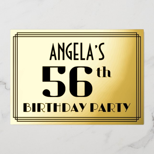 56th Birthday Party: Art Deco Look “56” and Name Foil Invitation (Front)