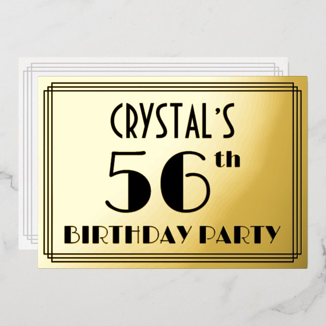 56th Birthday Party — Art Deco Look “56” + Name Foil Invitation (Front/Back)