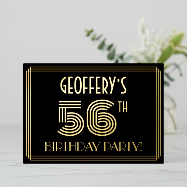 56th Birthday Party — Art Deco Style “56” + Name Foil Invitation (Standing Front)