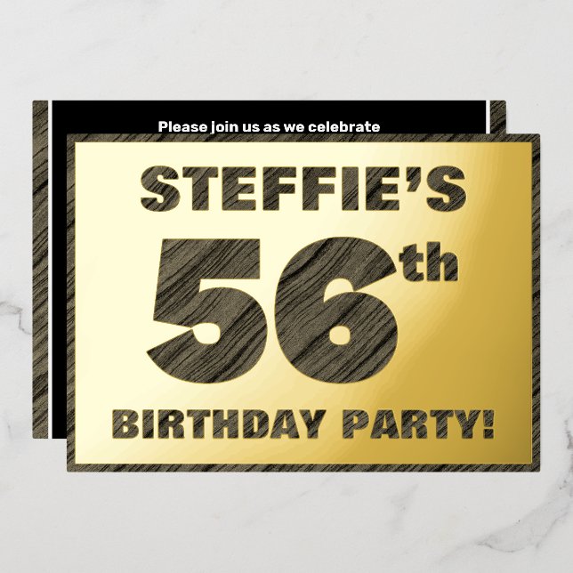 56th Birthday Party — Bold, Faux Wood Grain Text Foil Invitation (Front/Back)