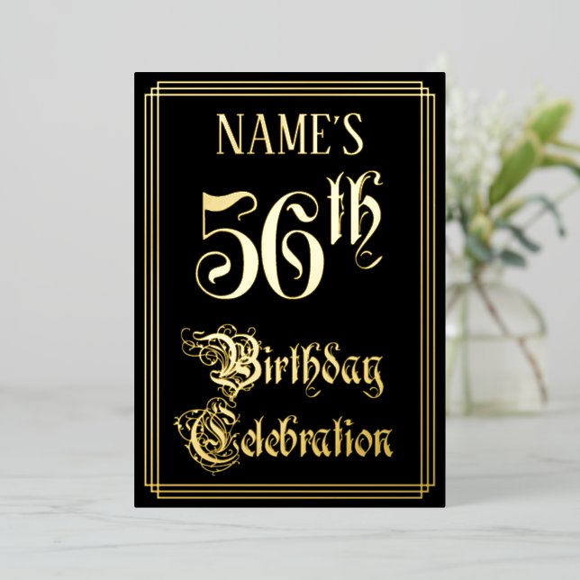 56th Birthday Party — Fancy Script & Custom Name Foil Invitation (Standing Front)
