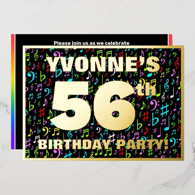 56th Birthday Party — Fun, Colorful Music Symbols Foil Invitation (Front/Back)
