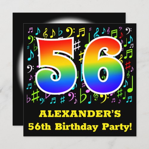 56th Birthday Party Fun Music Symbols Rainbow 56 Invitation