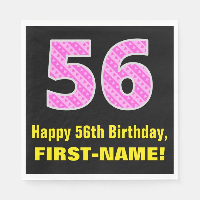 56th Birthday: Pink Stripes and Hearts "56" + Name Napkins (Front)