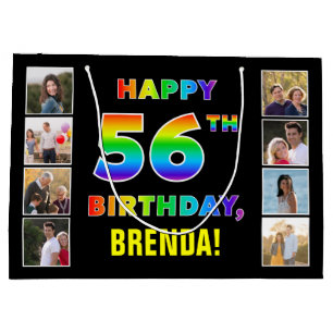 56th Birthday: Rainbow Text, Custom Photos & Name Large Gift Bag