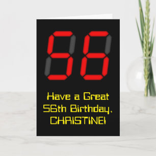 56th Birthday: Red Digital Clock Style "56" + Name Card