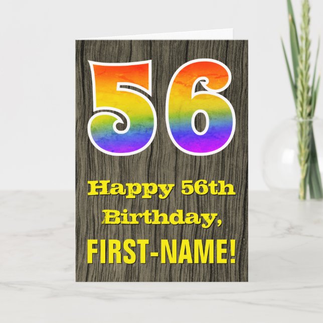 56th Birthday: Rustic Faux Wood Look, Rainbow "56" Card (Front)