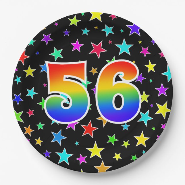 56th Event: Bold, Fun, Colorful Rainbow 56 Paper Plates (Front)