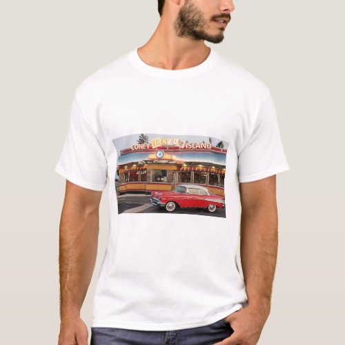 57 Chevy in front of 50s style Coney Island T_Shirt