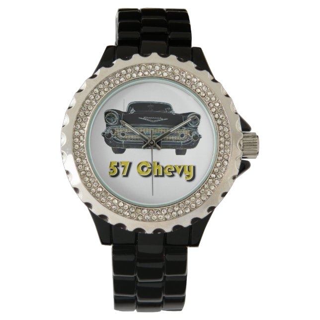 57 Chevy Rhinestone with Black Enamel Watch (Front)